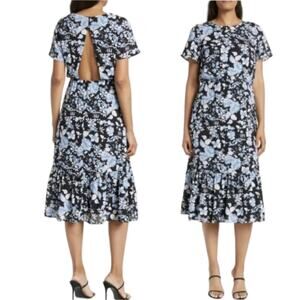 Creative Concepts Dress Women's Medium Black Blue Floral Short Sleeve Open Back